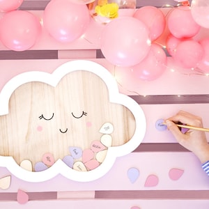 Libro de visitas de madera con forma de nube para baby shower, 30 gotas de lluvia de colores, marco para libro de visitas, decoración para fiestas, recién nacido, mensaje para invitados, recién nacida niña