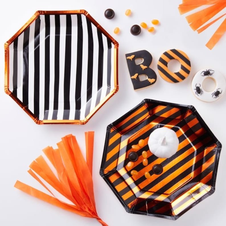 Orange foiled paper plates// Party Decoration// Table Decoration // Party Decorations// Creepy // Party Table // Halloween party image 1