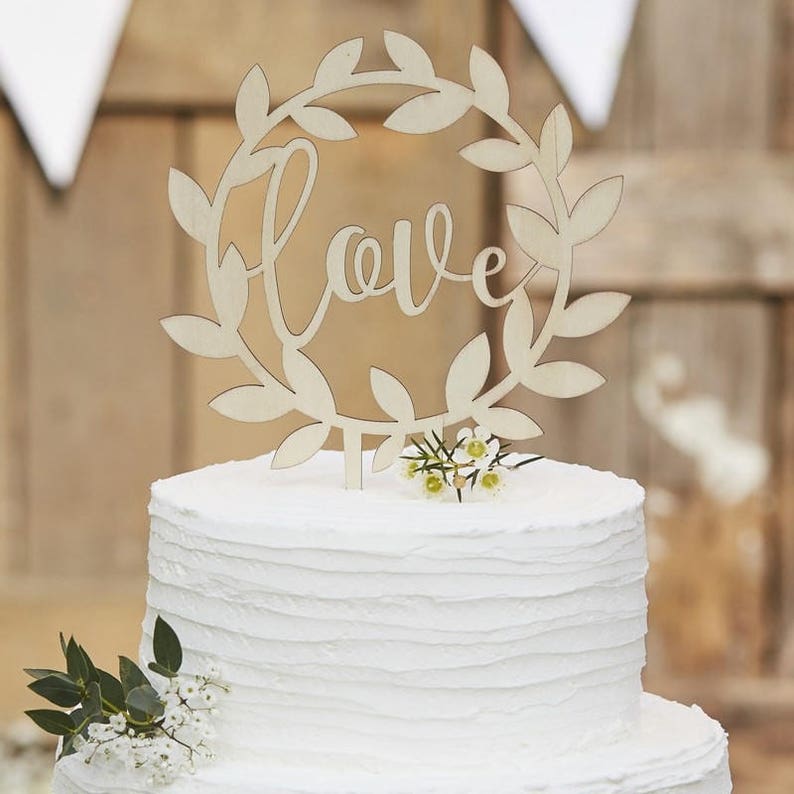 Love Wedding Cake topper. Wooden cake topper. Wood. Round decorative cake topper. Botanical wedding. Cade Decoration. Wedding decor image 3