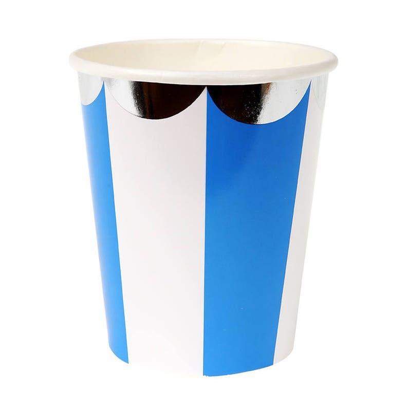 Paper Party Cups. Tableware. Blue & White. Cups. Paper Cups. Birthday Cups. Party Supplies. Party Cups. Table Decorations. Silver Foil Top. image 1