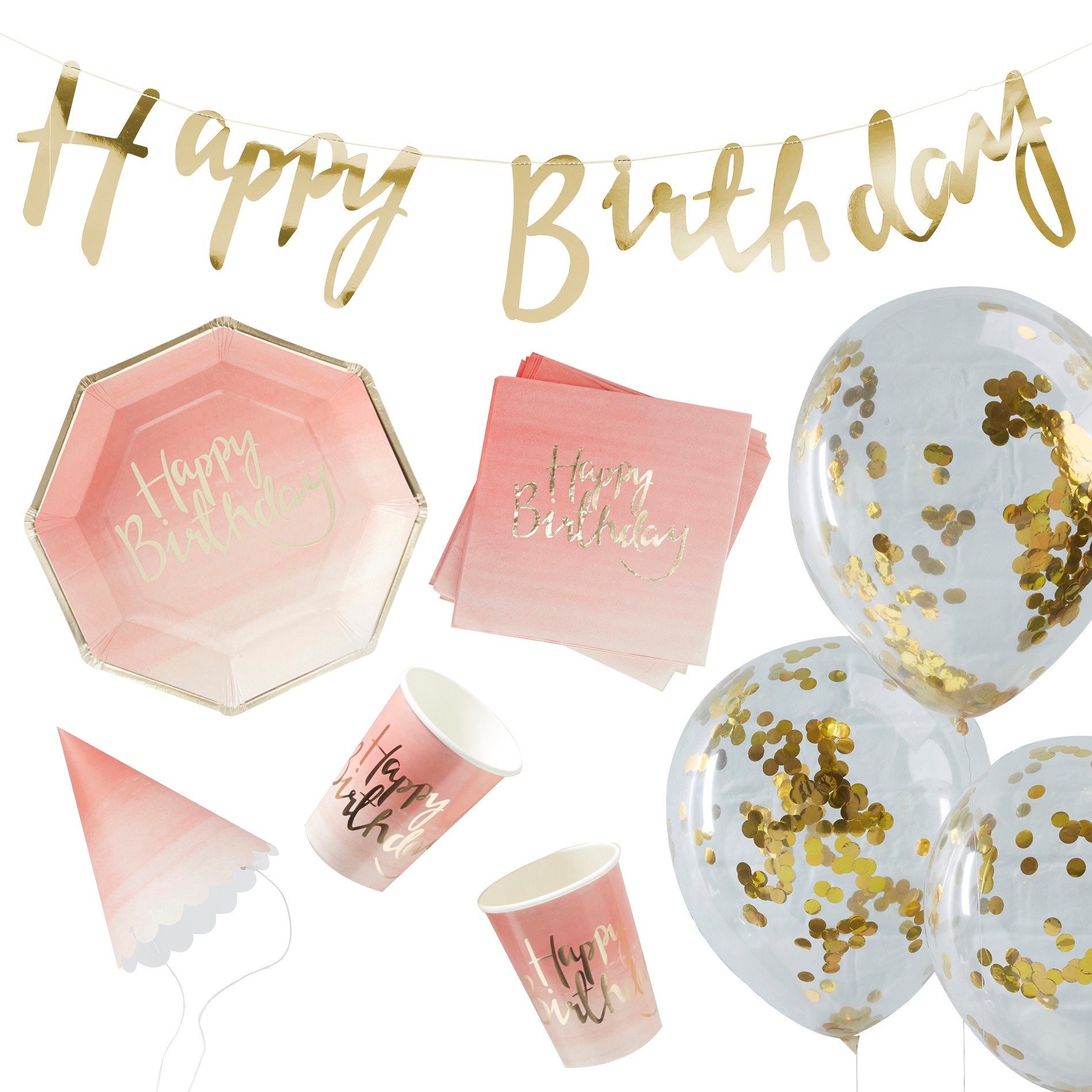 Balloons 'Happy Birthday' Pink-Gold 33cm - 12 pieces