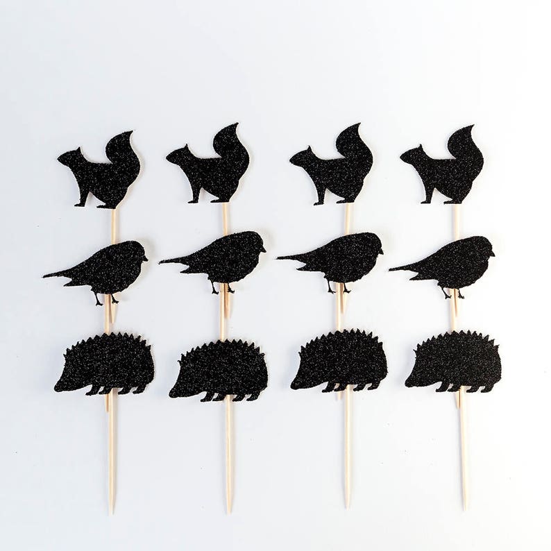 Custom Colour Glitter.First Birthday Party Decoration 12 Cake Toppers. Woodland Animal Cupcake Toppers Bird Squirrel Hedgehog