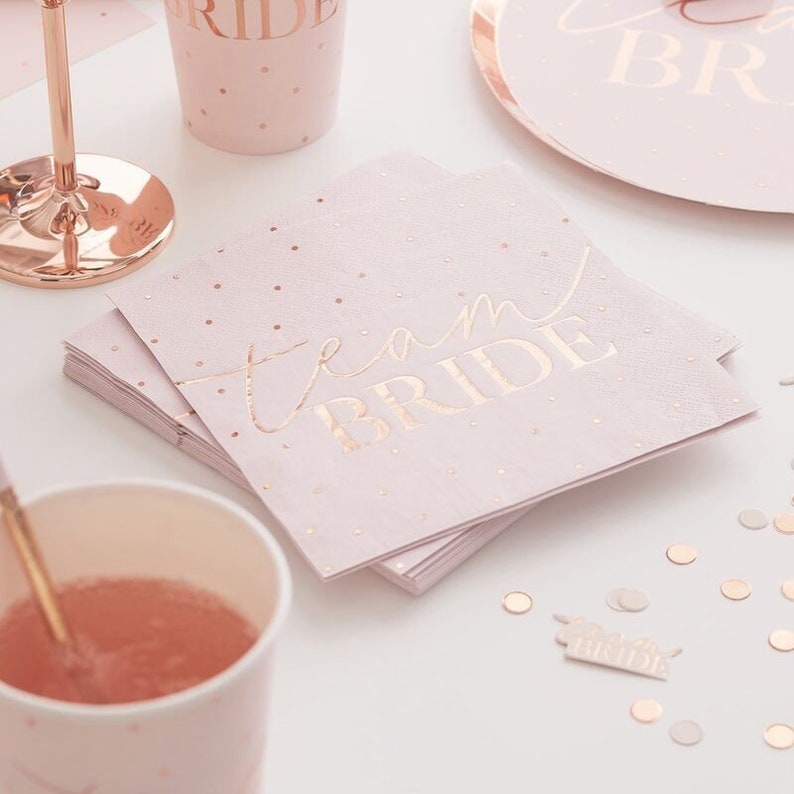 Hen Party Napkins in Pink & Rose Gold// Pink and Gold Party Decorations//Hen do Party Decoration//Team Bride//Tableware//Table decoration image 1