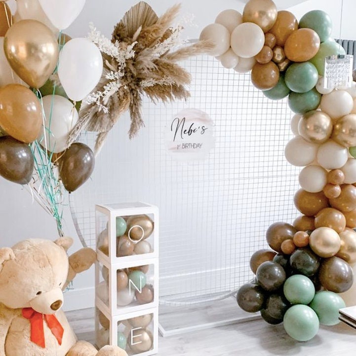 134 piezas de decoración prémium de oso de peluche para baby shower para  niño, juego 2 en 1, arco de guirnalda de globos, cajas, cartel de bebé y