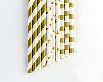 Birthday Paper Straws. Gold  Stripes and Stars Party Decorations.Striped First Birthday Party. Table Decoration. Pack of 10 or 20 Straws.