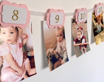 FIRST BIRTHDAY Girl Decorations. 12 Month Photo Wall Banner.1st Birthday Girl. Monthly Photo Banner. Birthday Garland. Pink & Gold Glitter