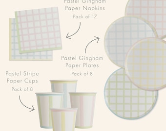 Pastel Gingham Tableware Kit/Matching Napkins/Gingham Plates/Gingham Cups/Birthday Tableware/Gingham & Stripes/Picnic Set up/Birthday Table