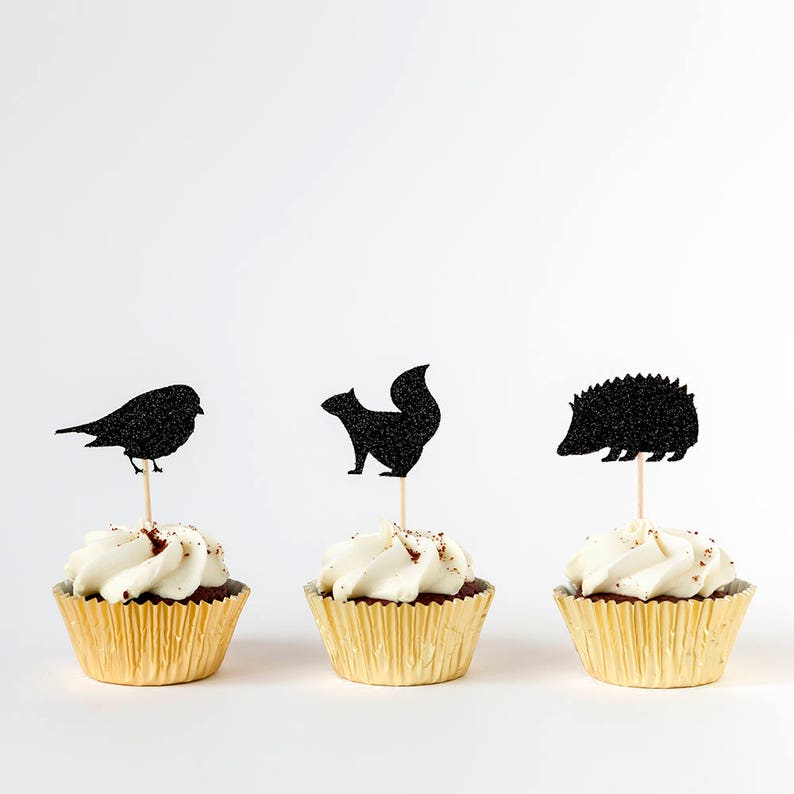 Custom Colour Glitter.First Birthday Party Decoration 12 Cake Toppers. Woodland Animal Cupcake Toppers Bird Squirrel Hedgehog