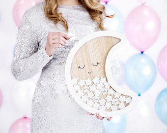 Baby Shower Guest Book Moon Wooden //30 White Stars/Frame Guest Book Party Decoration / New Baby / Guest Message /New Baby/ Baby Girl Boy.