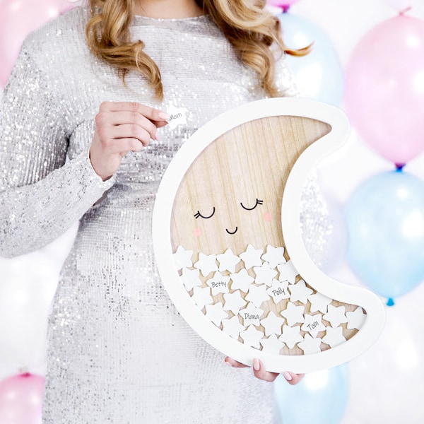 Baby Shower Guest Book Moon Wooden //30 White Stars/Frame Guest Book Party Decoration / New Baby / Guest Message /New Baby/ Baby Girl Boy.