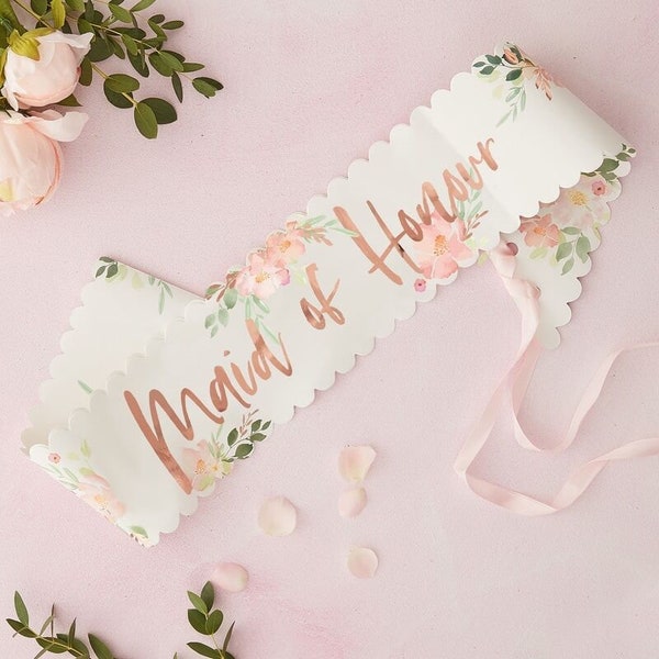 Maid of Honour Sash//Hen do Party Sashe /Floral Hen Sash/Team Bride /Hen do Outfit/ Bride to Be /Wedding /Party decorations/Sashes/Rose Gold