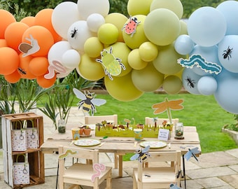 Arche de ballons Bug Party avec cartes de visite | Guirlande de ballons orange, crème, vert et bleu| Bug Party| Kid Bug Party| Creepy Crawlies|Anniversaire chasse aux insectes