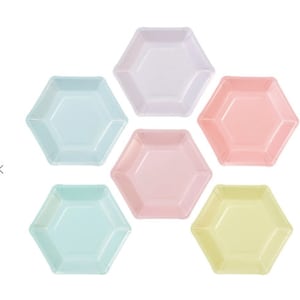 May include: Set of six pastel hexagon-shaped paper plates. The plates are in shades of light blue, pink, yellow, and purple.