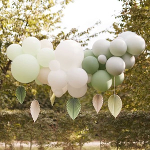 Sage Balloon Cloud with Palm Spear Fans | Botanical Balloon Arch Kit |Hanging Decorative Fans|Birthday Balloon Garland|Backdrop|Baby Shower