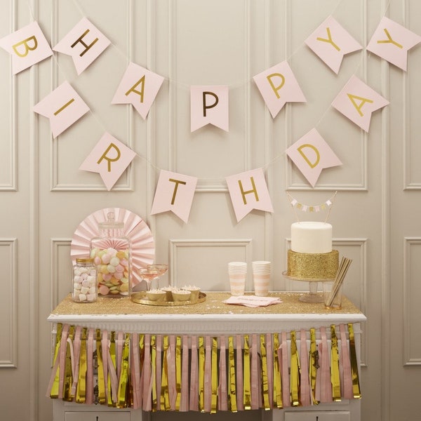 Pink Happy Birthday verijdeld Bunting/ / Roze en Gold gelukkige verjaardag slinger / / Party Decoratie / / Muur decoratie / / Birthday Girl