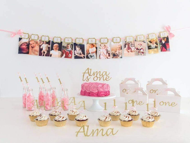 Party Decorations 12 months Banner Wall decoration Birthday girl Pink and gold 1st Birthday Party 12 MONTHS PHOTO BANNER Cake Smash