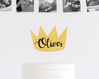 Wild ONE Cake Topper. Custom name. Wild Crown cake topper. First birthday boy party decorations. Black and gold. One year old. Cake Smash.