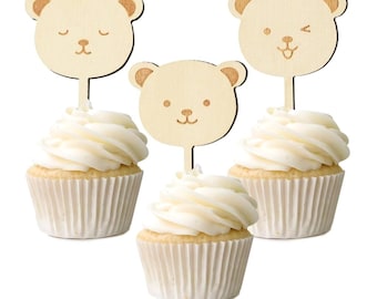 Wooden Teddy Bear Cupcake Toppers: Baby Shower Decorations (Pack 6)
