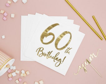 60th Birthday Party Napkins: Gold Foil Tableware (Pack of 20)