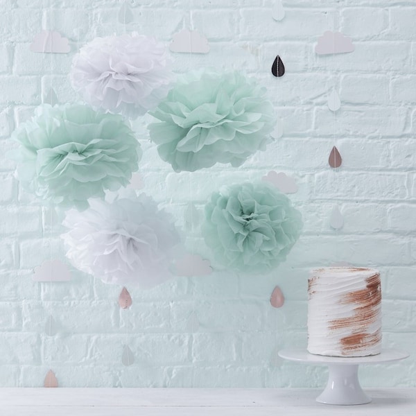 Baby Shower Mint and White Pom Poms // Hello World // Baby Shower Party Decoration // Mint Green // Baby Backdrop // Expecting //New Baby