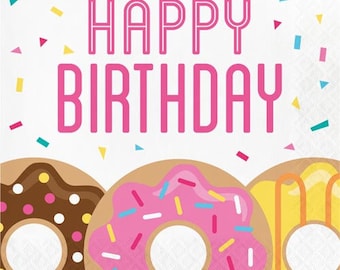 May include: Happy Birthday greeting card with a pink, yellow, and brown donut design. The donuts have sprinkles and icing.