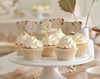 Décoration de cupcakes pour baby shower en bois ours en peluche