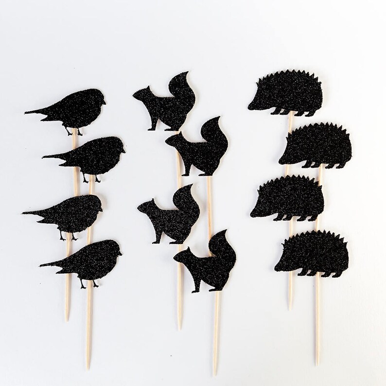 Custom Colour Glitter.First Birthday Party Decoration 12 Cake Toppers. Woodland Animal Cupcake Toppers Bird Squirrel Hedgehog