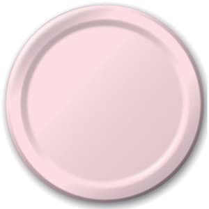 May include: A circular, pale pink plate with a gently raised edge. The plate has a smooth, shiny surface and is set against a white backdrop. This plate is suitable for serving food.