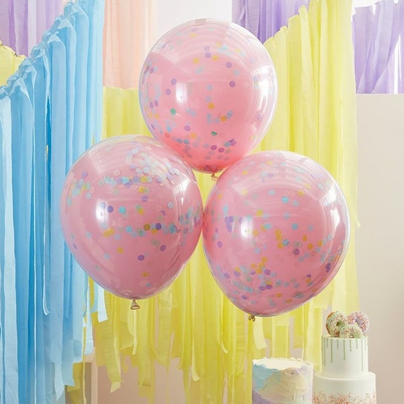 Pink and Pastel Double Stuffed Confetti Balloons.Double layered Pink  Balloons. Pastel Party. Party decorations. Birthday Girl. 3 x 18 Inch.