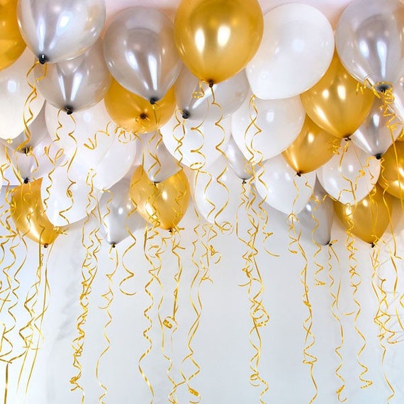 Gold White Silver Ceiling Balloons // Gold Ribbon // Birthday Etsy