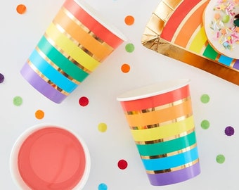 Rainbow Paper Party Cups //Summer Party Decoration//Gold Foil // Birthday Decorations //First Birthday//Tableware // Drink//Over the Rainbow