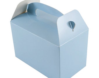 May include: A light blue favor box with a handle. The box is made of cardboard and has a simple design.