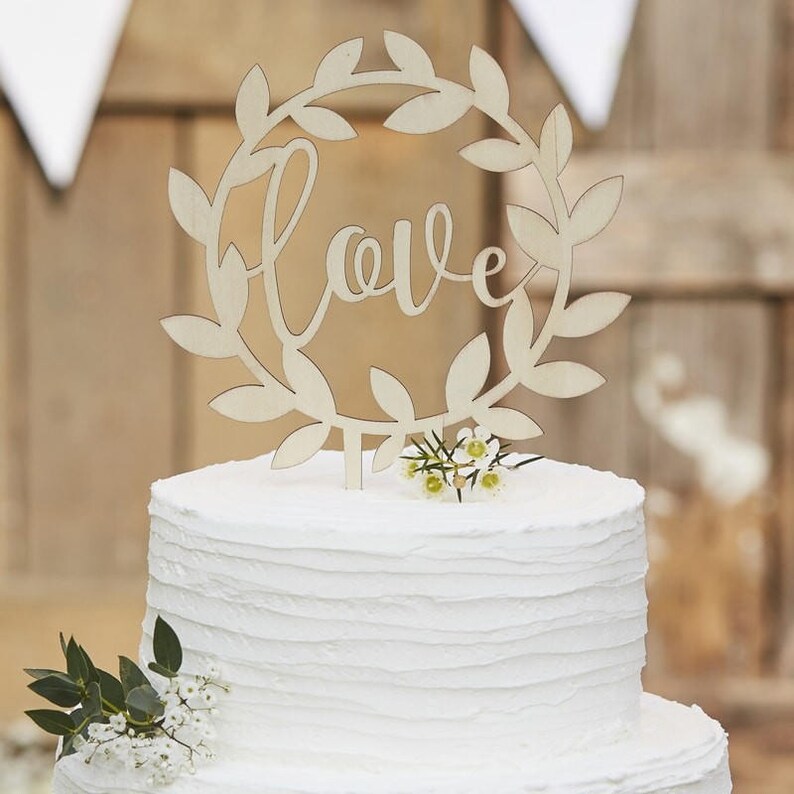 Love Wedding Cake topper. Wooden cake topper. Wood. Round decorative cake topper. Botanical wedding. Cade Decoration. Wedding decor image 5