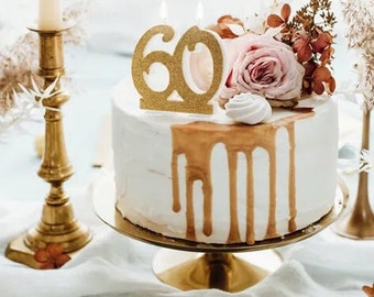 Bougie pour gâteau de 60 ans | Bougie à paillettes dorées | Anniversaire d'un jalon | Décoration de gâteau des 60 ans | Décoration d'anniversaire | Décoration de fête| 30| 40|50|60 ans