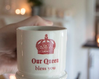 Queen Espresso Mug. Our Queen Bless You Coffee Cup. Royal Celebration Mug. Motto Espresso Cup. Gift Under 15. English Creamware Pottery Mug.