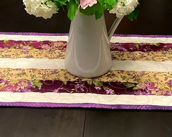 Floral Centerpiece Runner Linen Tropical Table Runner with Birds and Flowers in Eggplant Aubergine Reversible Table Runner Jenaveve