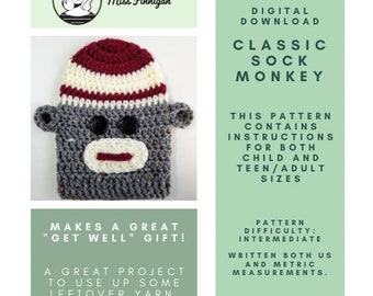 Chaussettes/couvre-orteils en fonte « Sock Monkey » au crochet. Téléchargement numérique au format PDF. Faites-en un pour un cadeau « Guérissez-vous » !