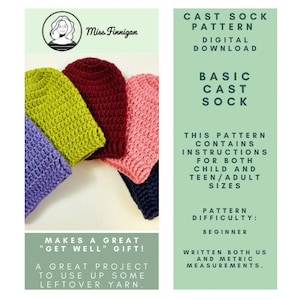 May include: A digital download pattern for basic cast socks, suitable for beginners. The image shows several knitted socks in shades of purple, green, red, pink, and navy. The pattern includes instructions for child and adult sizes, and uses both US and metric measurements.