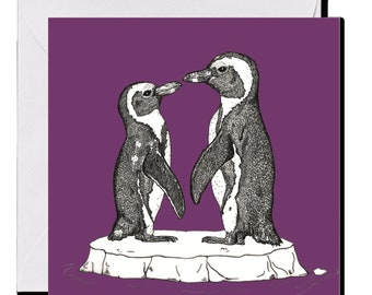 GREETING CARD *Loving penguins* purple, 14 x 14 cm