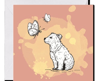 GREETING CARD *Bear cub with butterfly*, 14 x 14 cm