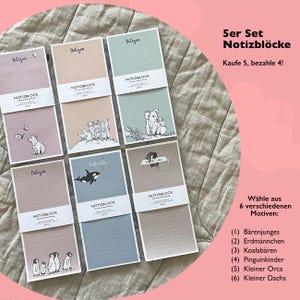 Könnte beinhalten: Set aus fünf Notizblöcken in Pastellfarben mit verschiedenen Tierillustrationen. Die Notizblöcke sind mit "Notizen" beschriftet. Der Text "5er Set Notizblöcke" ist oben im Bild sichtbar. Der Text "Kaufe 5, bezahle 4!" ist ebenfalls sichtbar. Der Text "Wähle aus 6 verschiedenen Motiven" ist unten im Bild sichtbar. Der Text "(1) Bärenjunges (2) Erdmännchen (3) Koalabären (4) Pinguinkinder (5) Kleiner Orca (6) Kleiner Dachs" ist ebenfalls sichtbar.