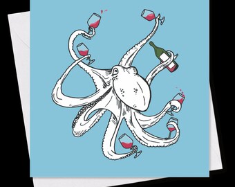 MINI-GRUSSKARTE *Oktopus mit Wein*, 9x9 cm