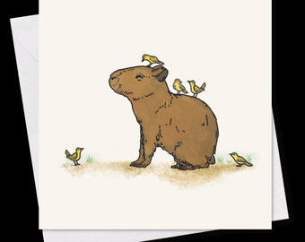 MINI GREETING CARD *Capybara with little bird*, 9 x 9 cm