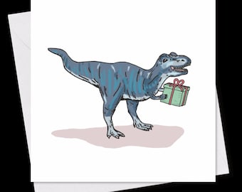 MINI GREETING CARD *Dino with gift*, 9 x 9 cm