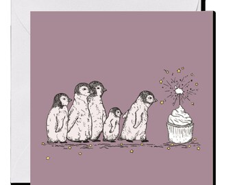 GREETING CARD baby penguins with sparkler, 14 x 14 cm