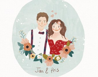 Couple Illustration, Family illustration with pet, Customized portrait, Illustration for wedding invitation, Cute cat and dog portrait