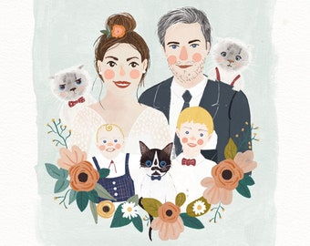 Couple Illustration, Family illustration with pet, Customized portrait cute cat and dog ,  Wedding invitation design