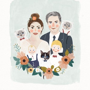 Couple Illustration, Family illustration with pet, Customized portrait cute cat and dog , Wedding invitation design image 1