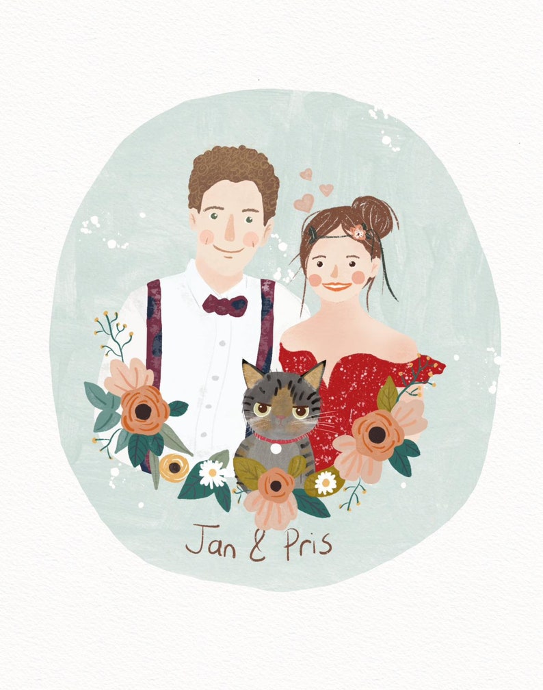 Couple Illustration, Family illustration with pet, Customized portrait, Illustration for wedding invitation, Cute cat and dog portrait image 5