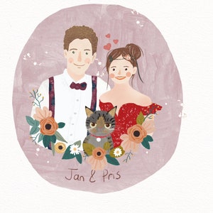 Couple Illustration, Family illustration with pet, Customized portrait, Illustration for wedding invitation, Cute cat and dog portrait image 3